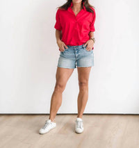 Heidi Houston Women's Short Sleeve Ruffle Shirt in red - women's shirt - alternate view