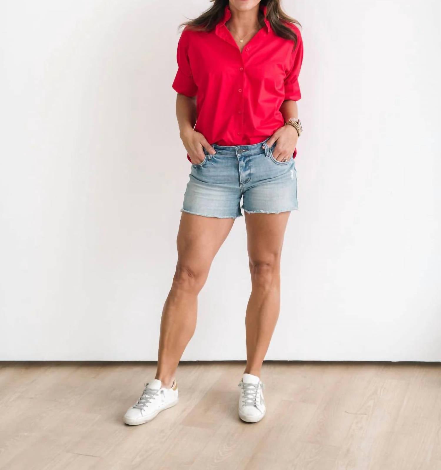 Heidi Houston Women's Short Sleeve Ruffle Shirt in red - women's shirt - alternate view