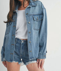 JUST USA Reese Denim Shacket in medium wash - women's jacket