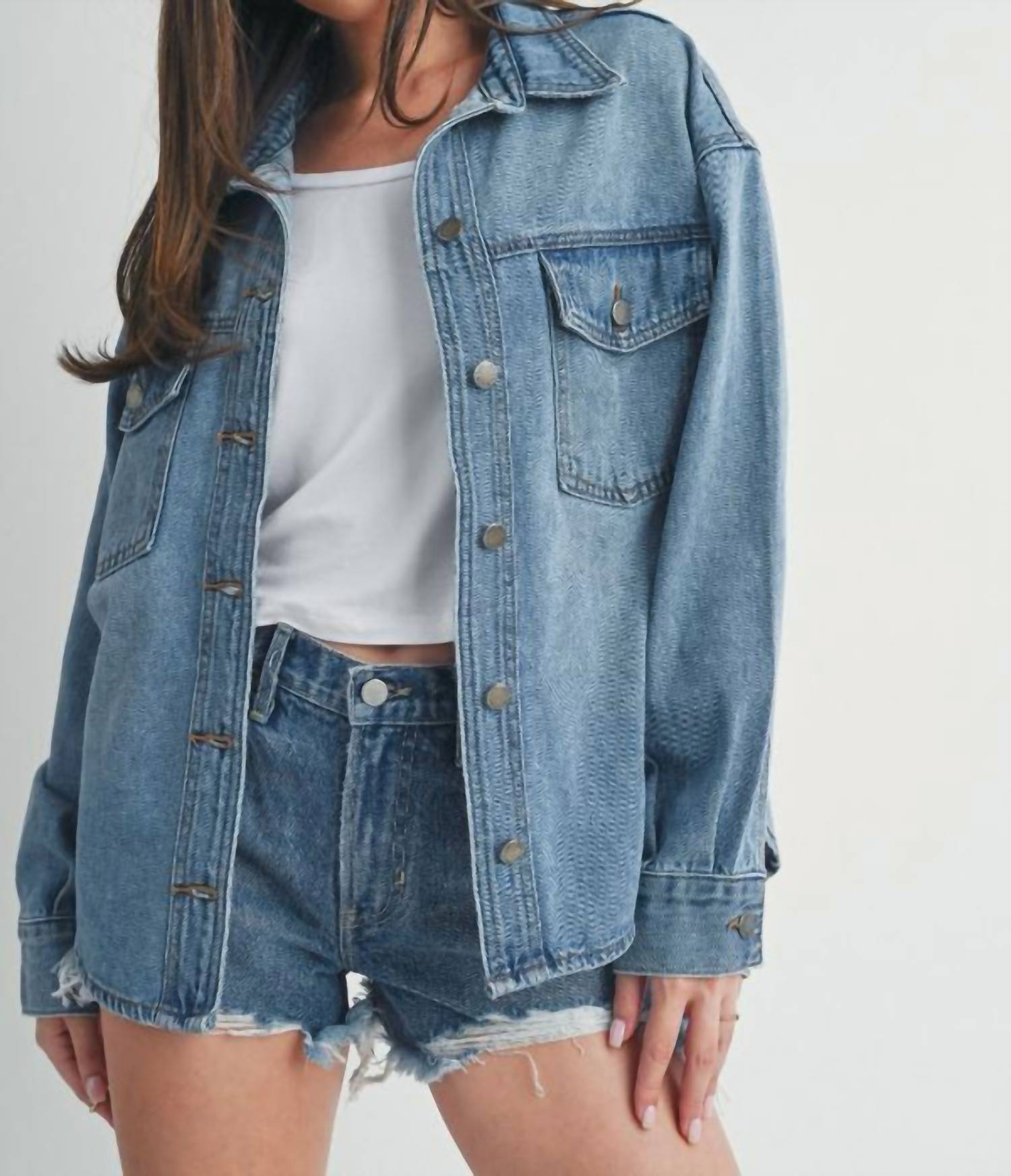 JUST USA Reese Denim Shacket in medium wash - women's jacket
