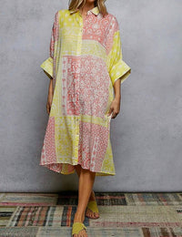POL Half Sleeve Printed Oversized Shirt Dress in lemon multi - women's dress - detail view