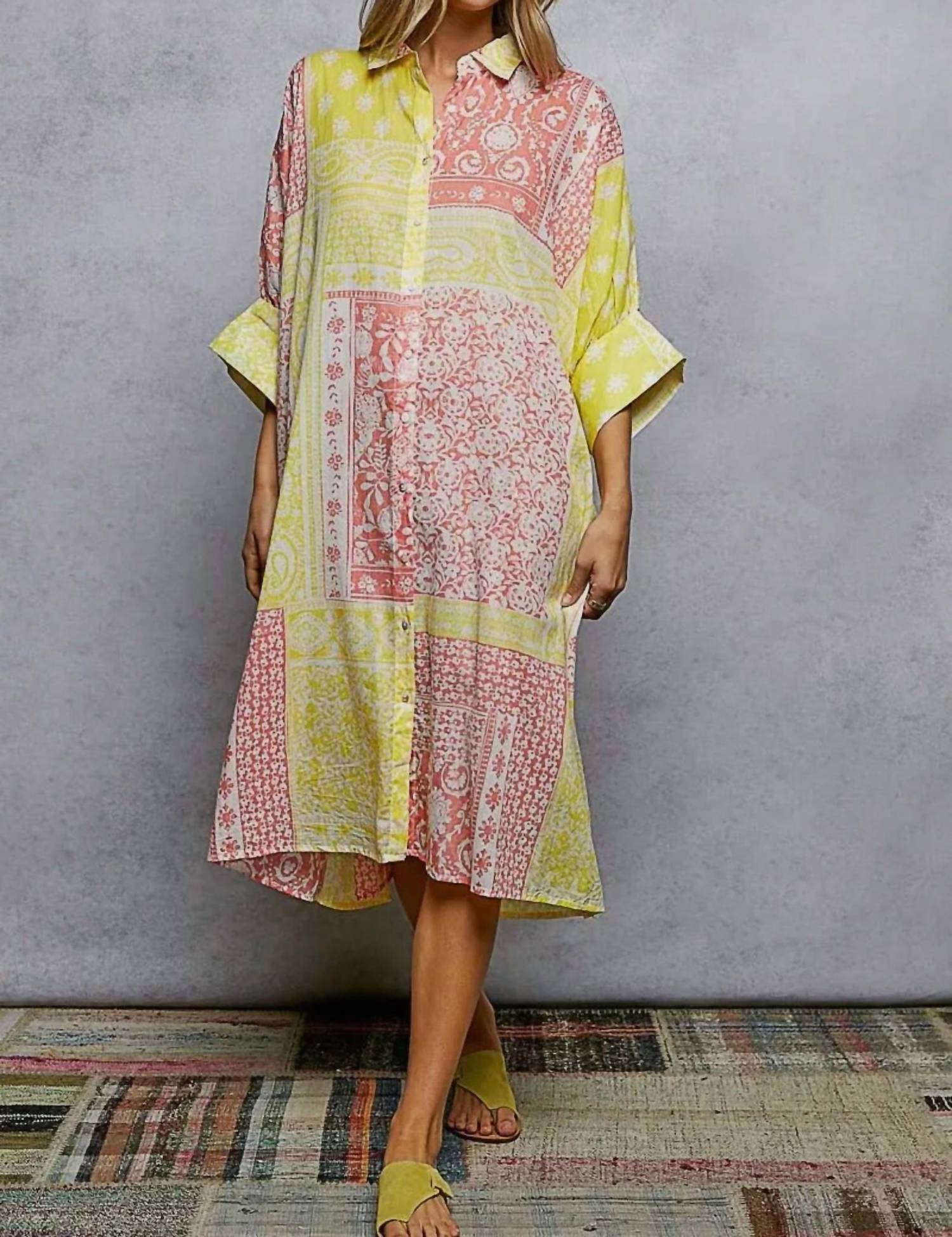 POL Half Sleeve Printed Oversized Shirt Dress in lemon multi - women's dress - detail view