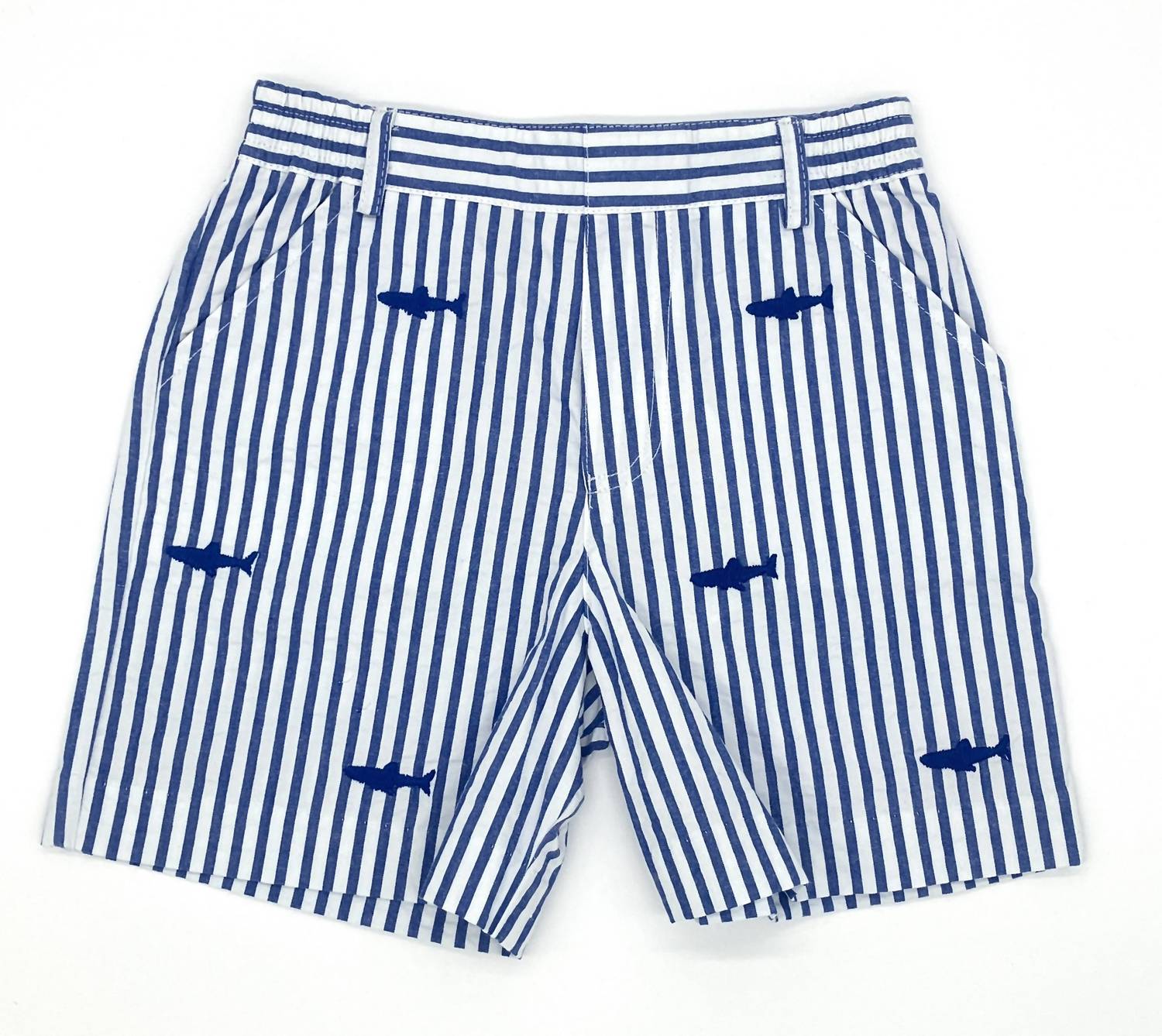 Florence Eiseman Kid's Shark Seersucker Short in blue white - kids' shorts - detail view