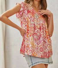 Savannah Jane - Babydoll Print Top with Floral Embroidery