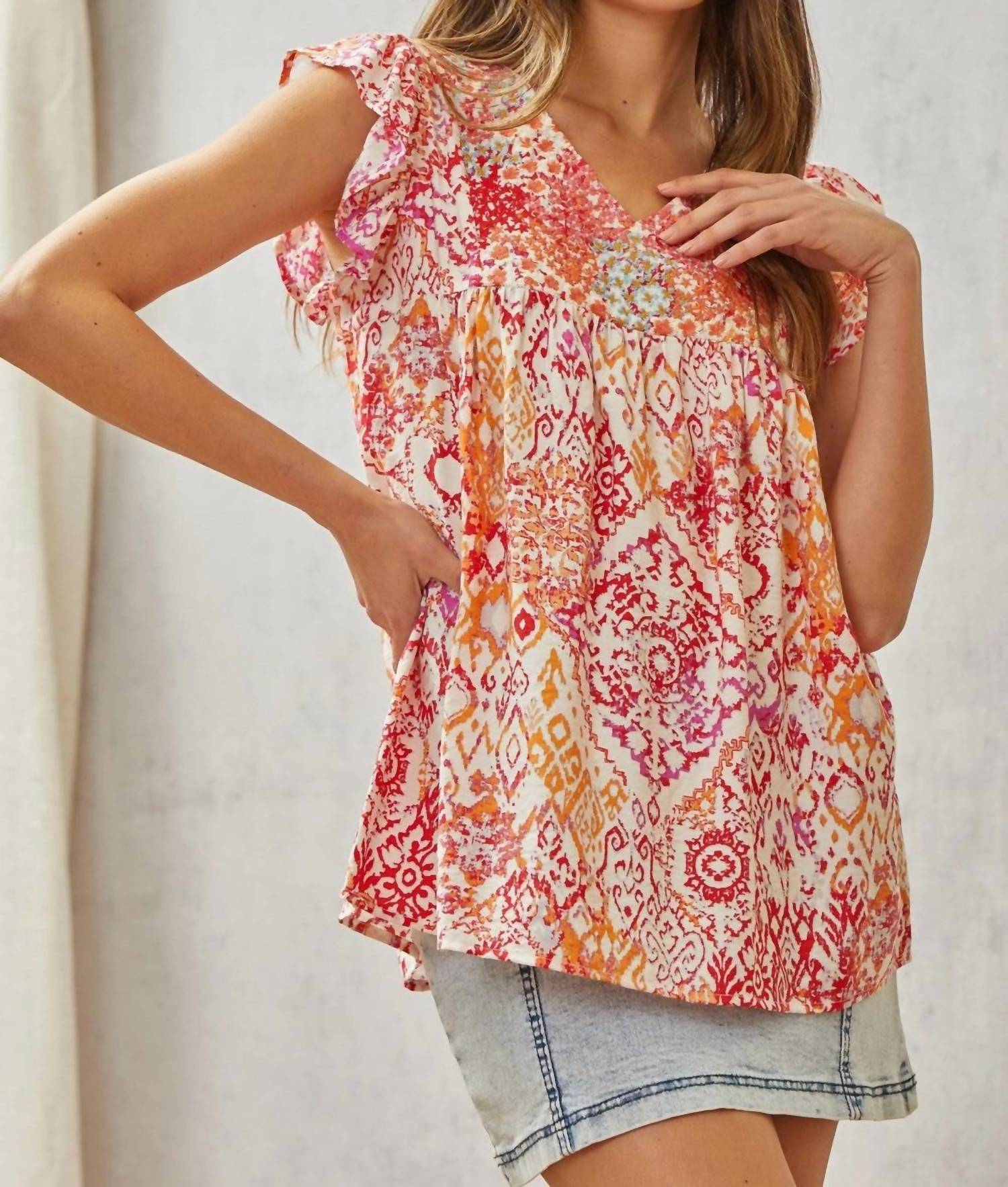Savannah Jane - Babydoll Print Top with Floral Embroidery