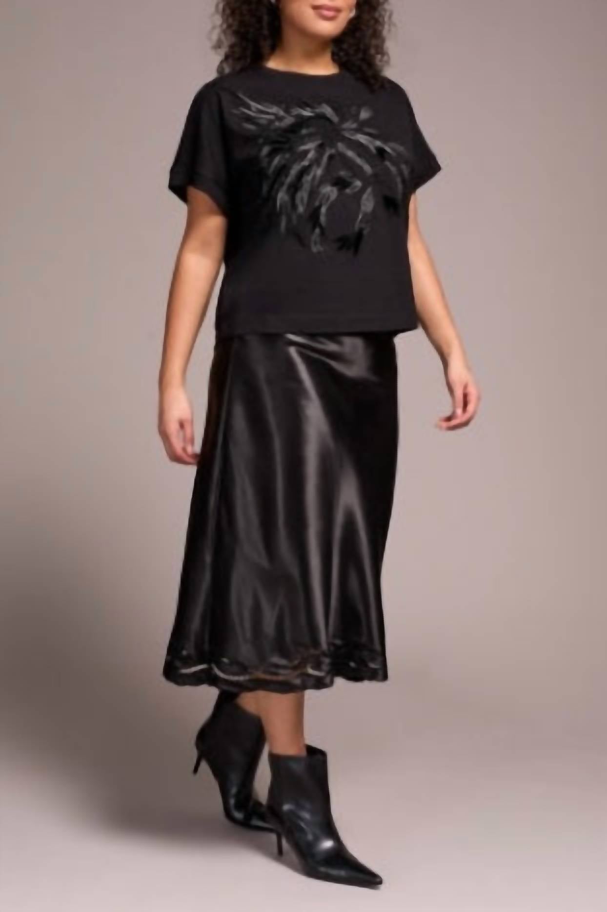 TRIBAL Crewneck Embroidery Top in onyx - women's t-shirt - detail view