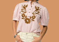Ivy Jane Blanca Autumn Bloom Top in pink check - women's blouse - detail view