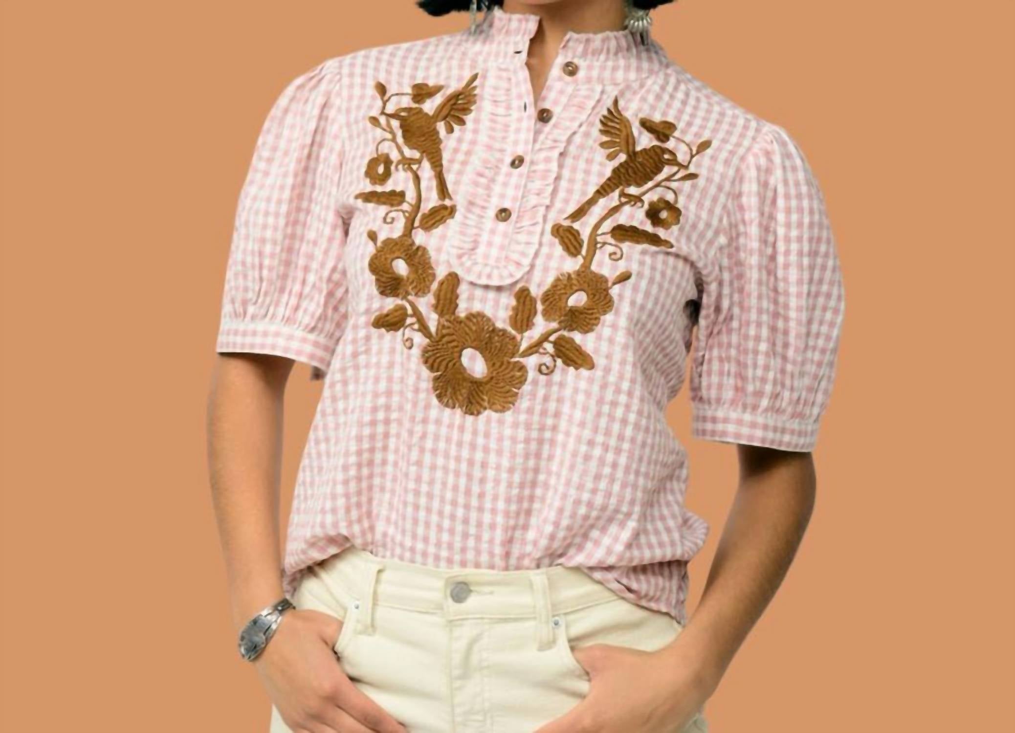 Ivy Jane Blanca Autumn Bloom Top in pink check - women's blouse - detail view