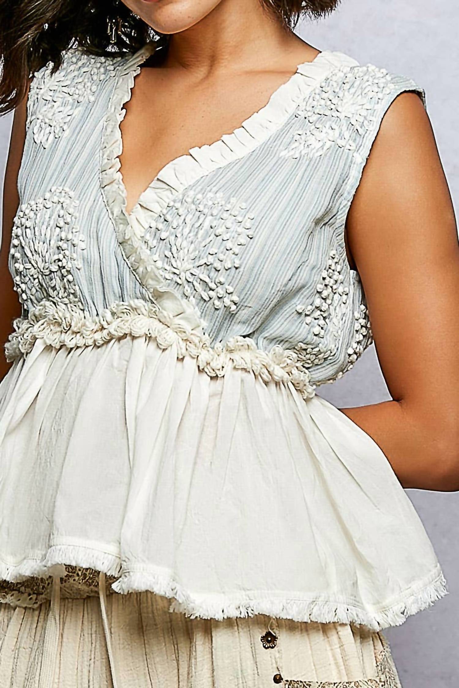 Pol - V-neck Ruffle Embroidery Sleeveless Woven Top