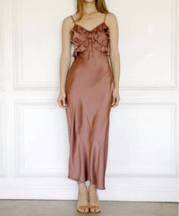 Storia - Women's Satin Ruffled Slip Midi Dress