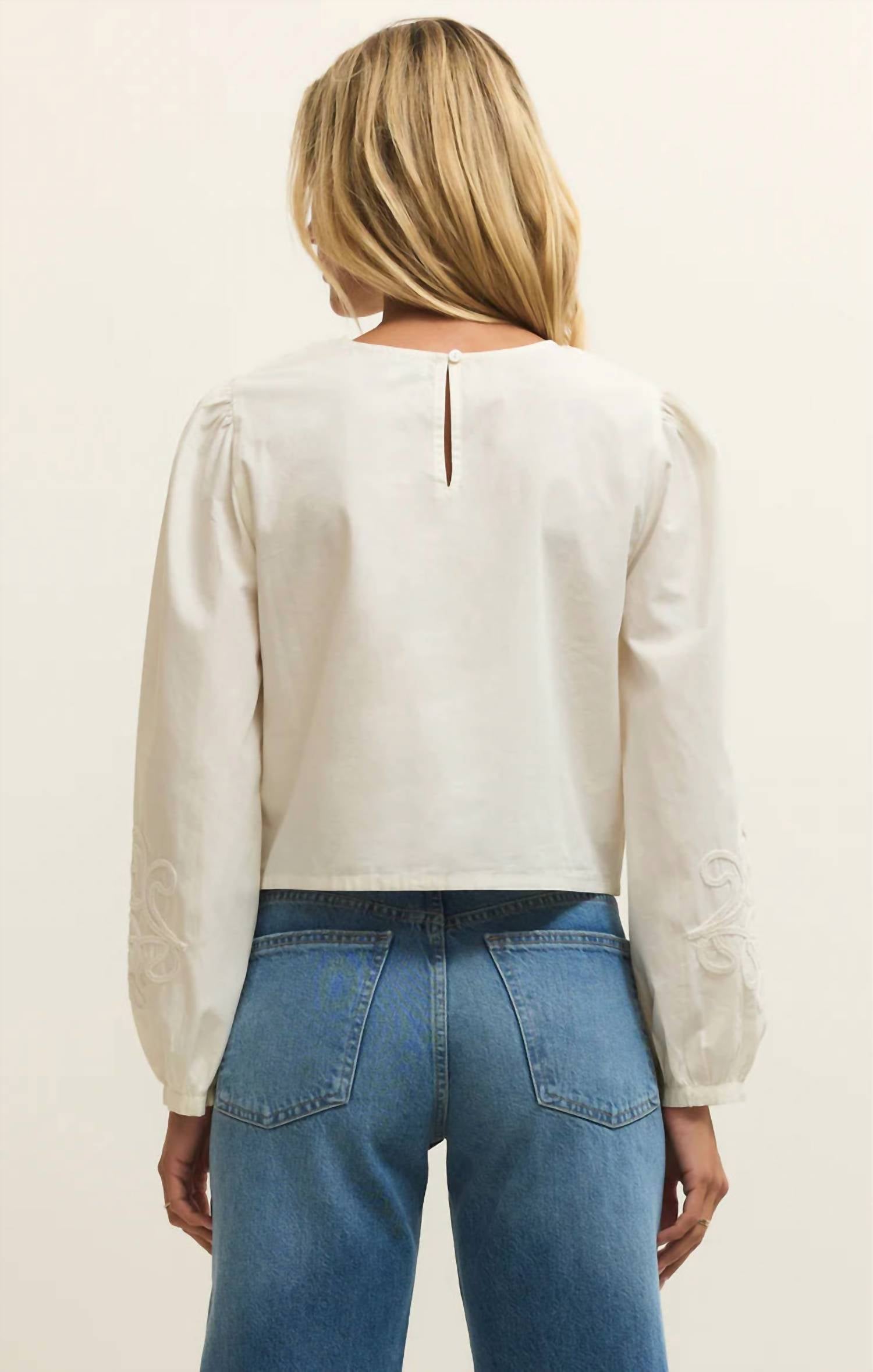 Z Supply Women's Tatiana Embroidered Top in white - women's long sleeve top - detail view