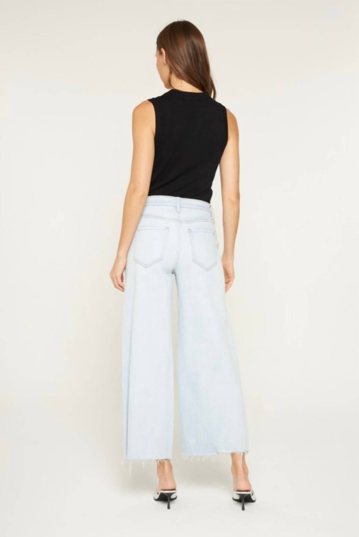 mica denim High Rise Distressed Wide Leg Jeans in blue - women's pants - detail view