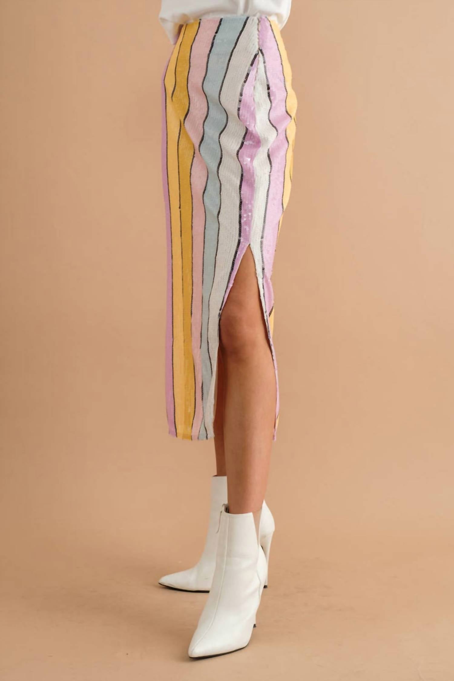 Blue B - Stripe Sequin Side Slit Midi Skirt