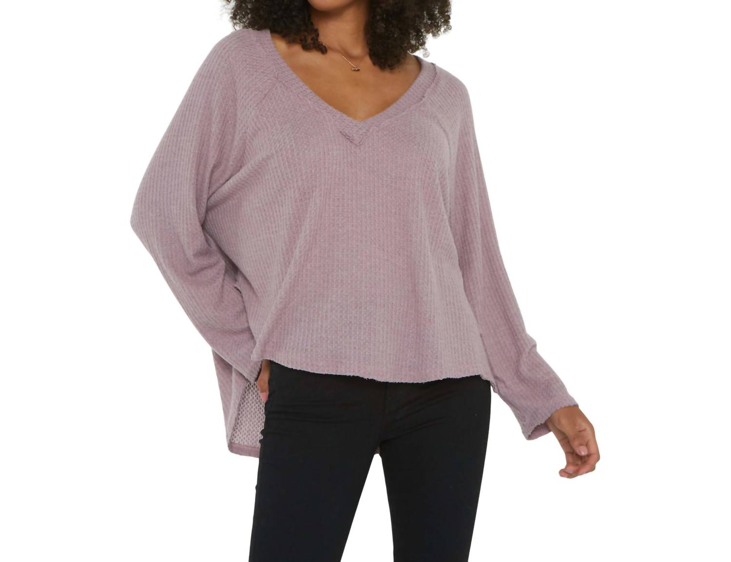 PROJECT SOCIAL T Dream Thermal Cozy V-neck Top in dusty lavender - women's sweater