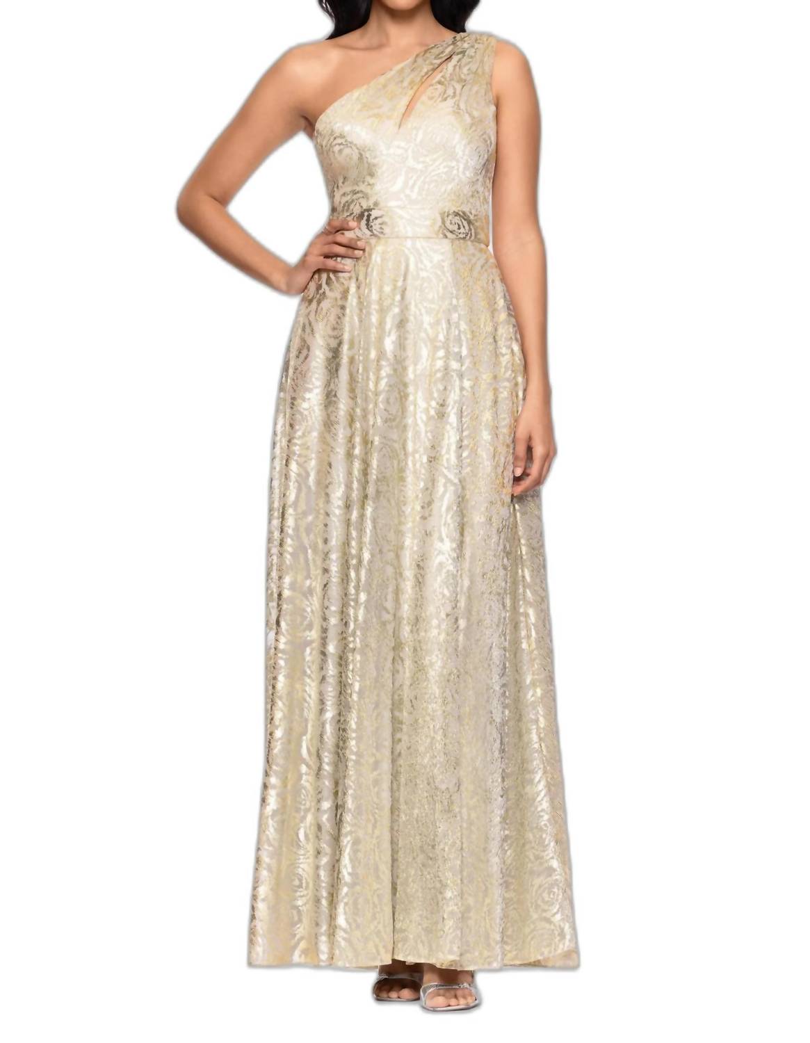 Betsy & Adam - One-shoulder Wrap Foil Floral Gown