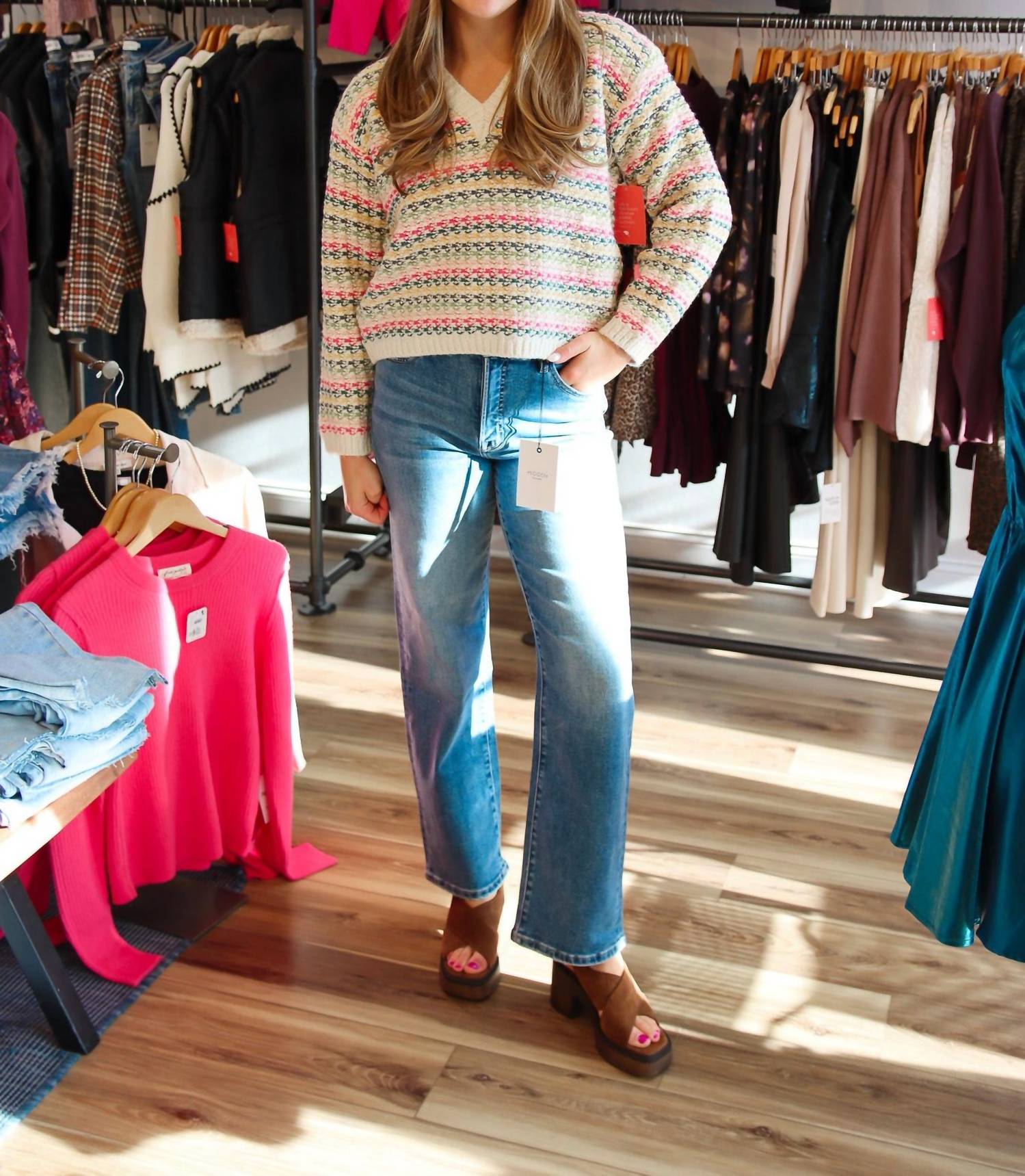 PINCH V-neck Knit Crop Sweater in ivory multi - women's sweater