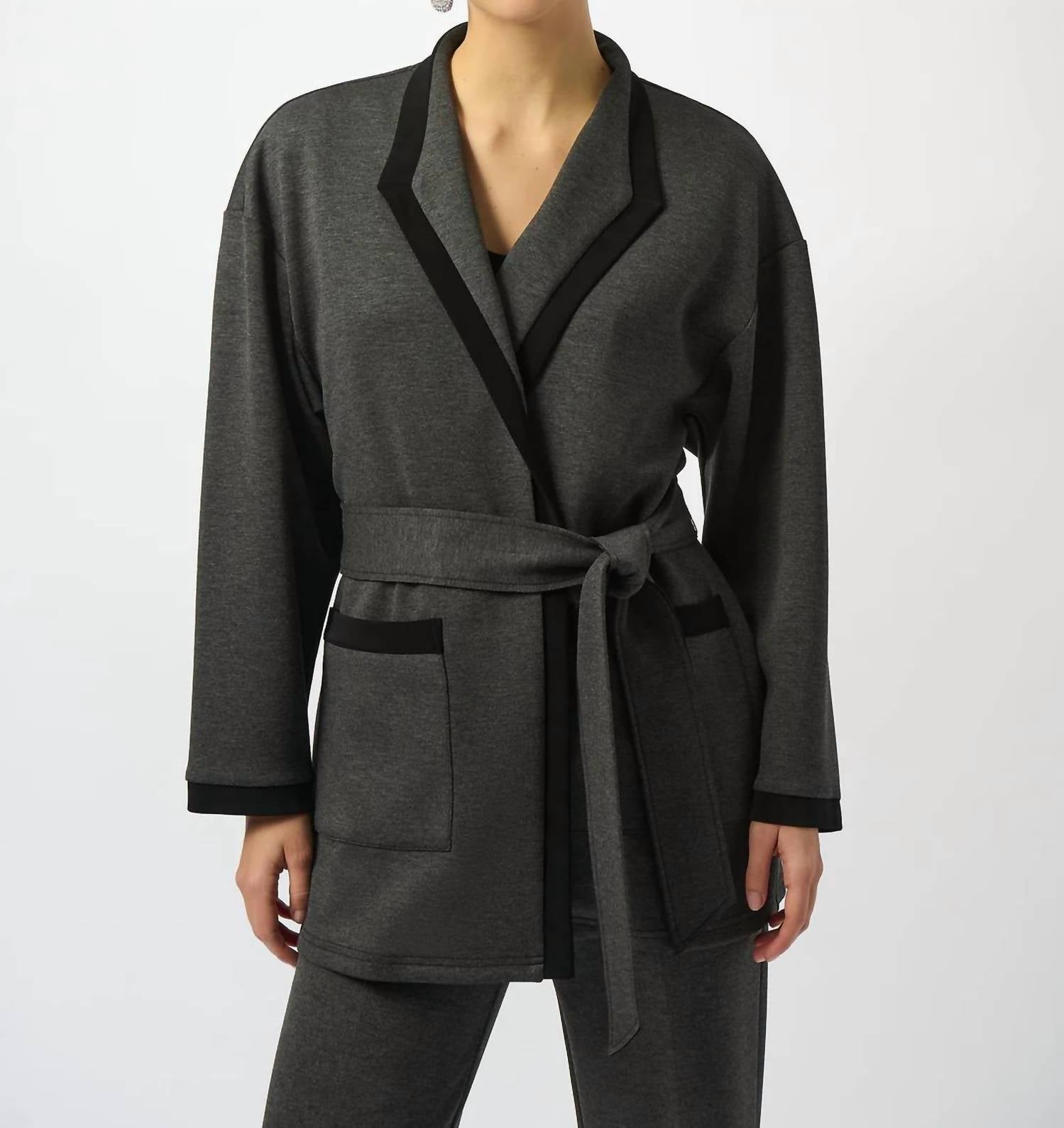 Joseph Ribkoff Belted Wrap Kimono Coat in grey melange black - women's jacket