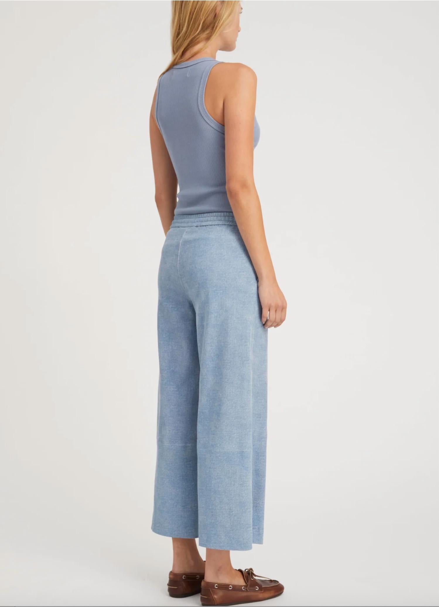 SPRWMN Suede Cropped Baggy Pants in vintage denim - women's pants - detail view