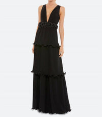 Ieena For Mac Duggal - Women's Plunge Neck Rosette Detail Pleated Gown