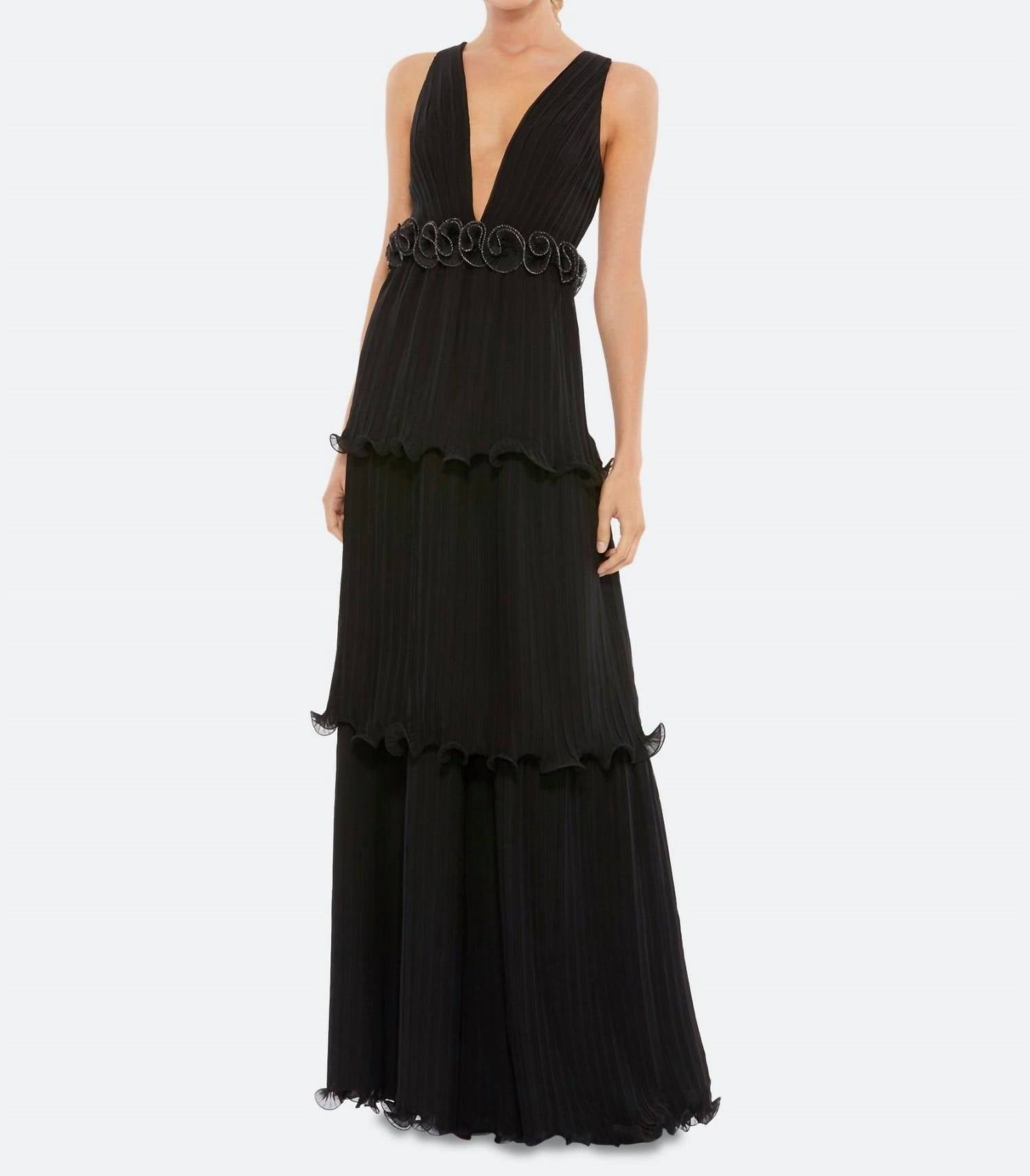 Ieena For Mac Duggal - Women's Plunge Neck Rosette Detail Pleated Gown