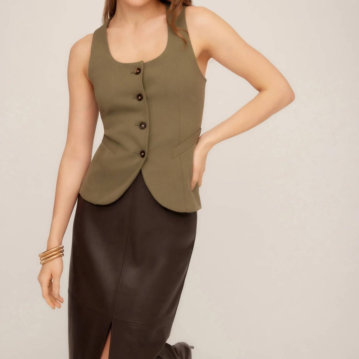 Fifteen Twenty Joni Button Up Vest in light olive - women's blouse