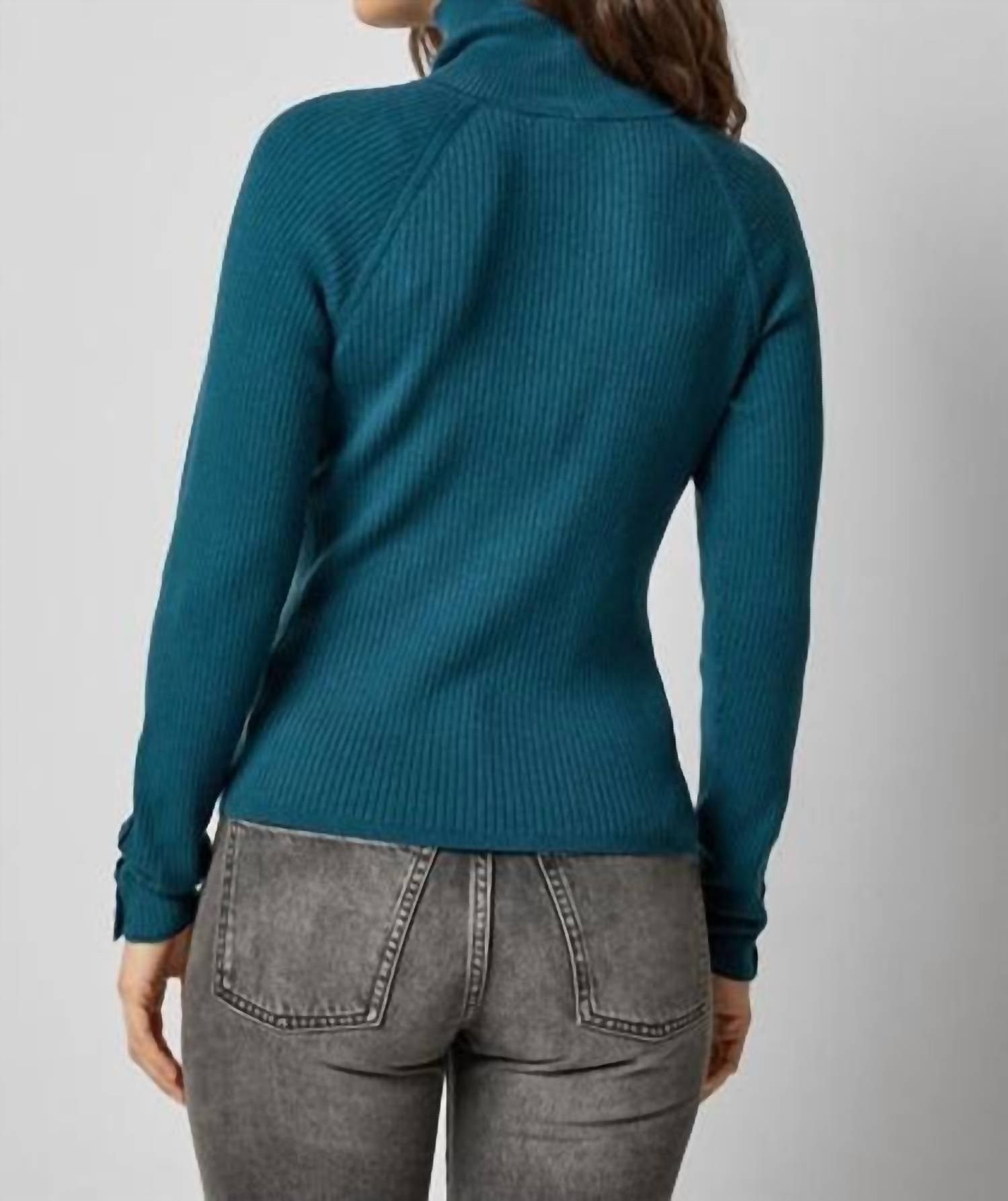 Lilla P Slim Rib Turtleneck Sweater in deep sea - women's sweater - detail view