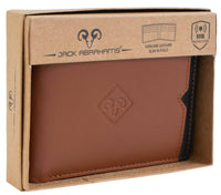 Jack Abrahams Men's Goat Nappa Leather Bi-fold Wallet in cognac black - men's bag - detail view