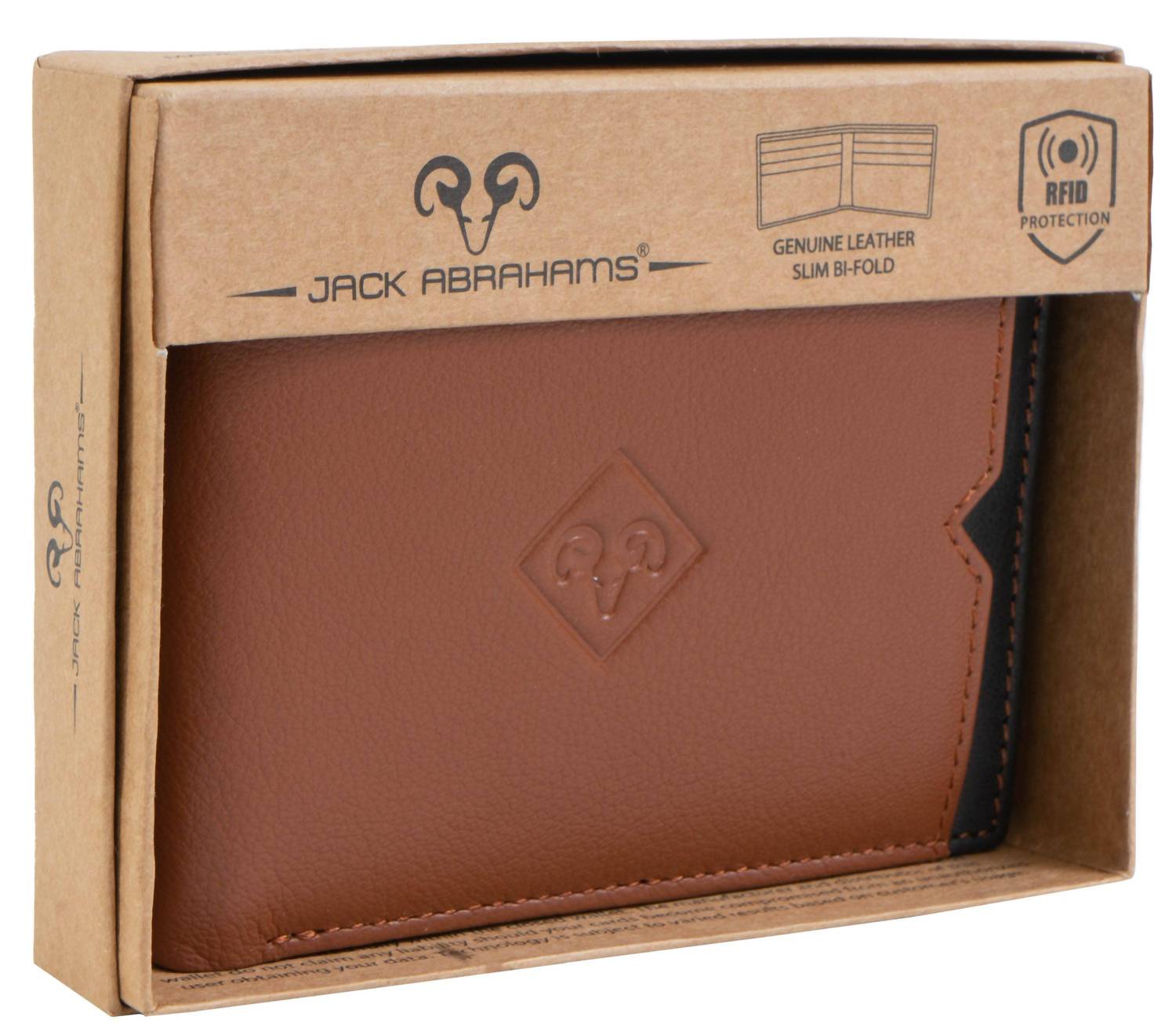 Jack Abrahams Men's Goat Nappa Leather Bi-fold Wallet in cognac black - men's bag - detail view