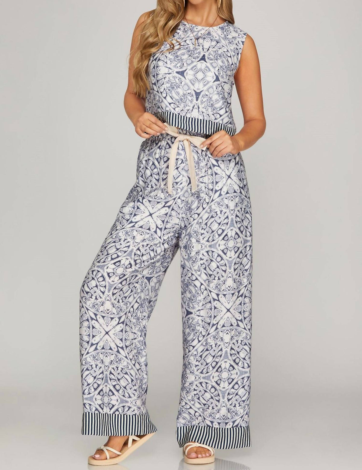 She + Sky - Mediterranean Tile Print Wide Leg Pant Set