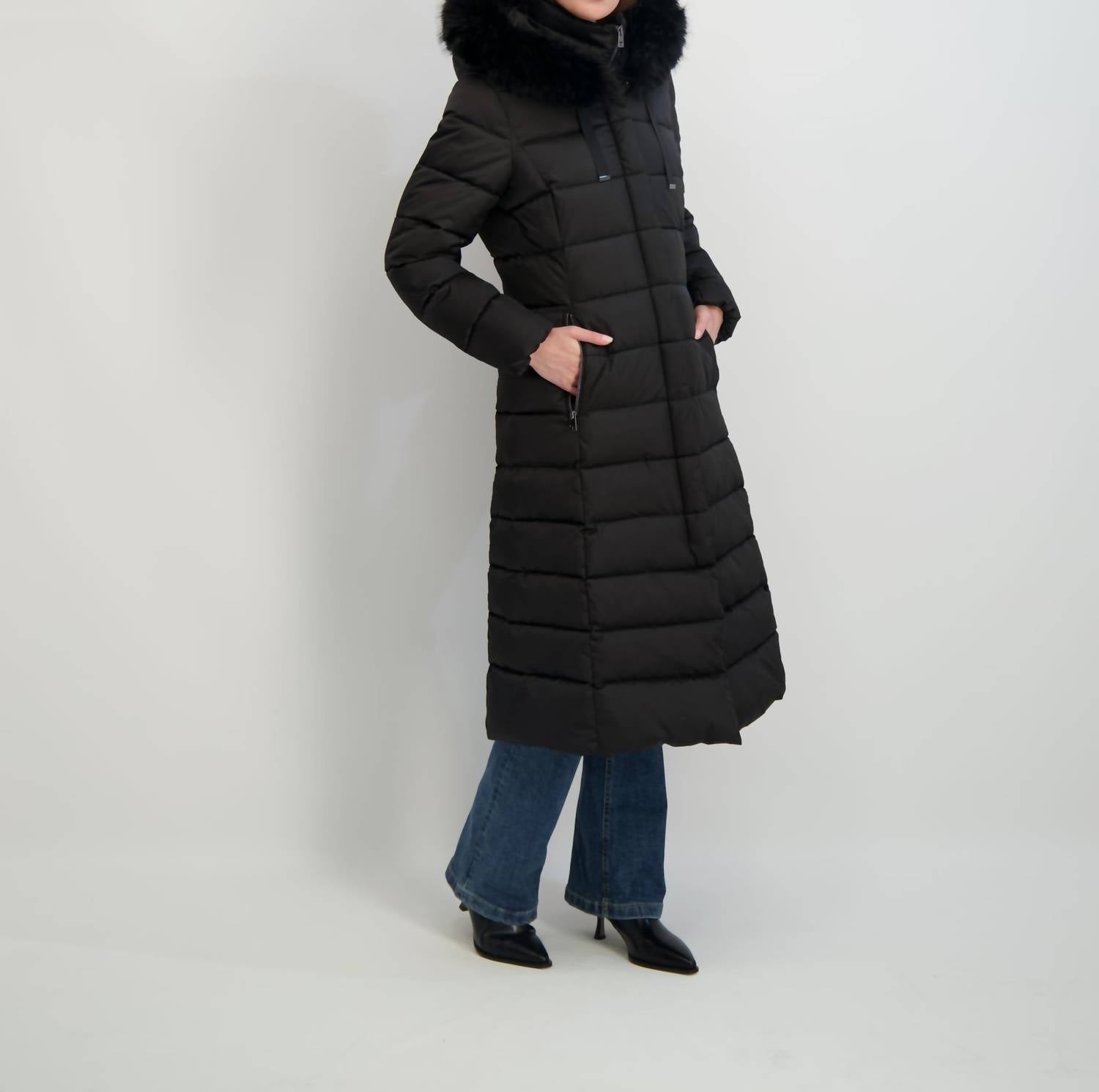 Tahari - Women's Phoebe Oversized Faux Fur Trim Maxi Coat