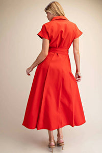 Glam - Collar V-neck Button Down Midi Dress