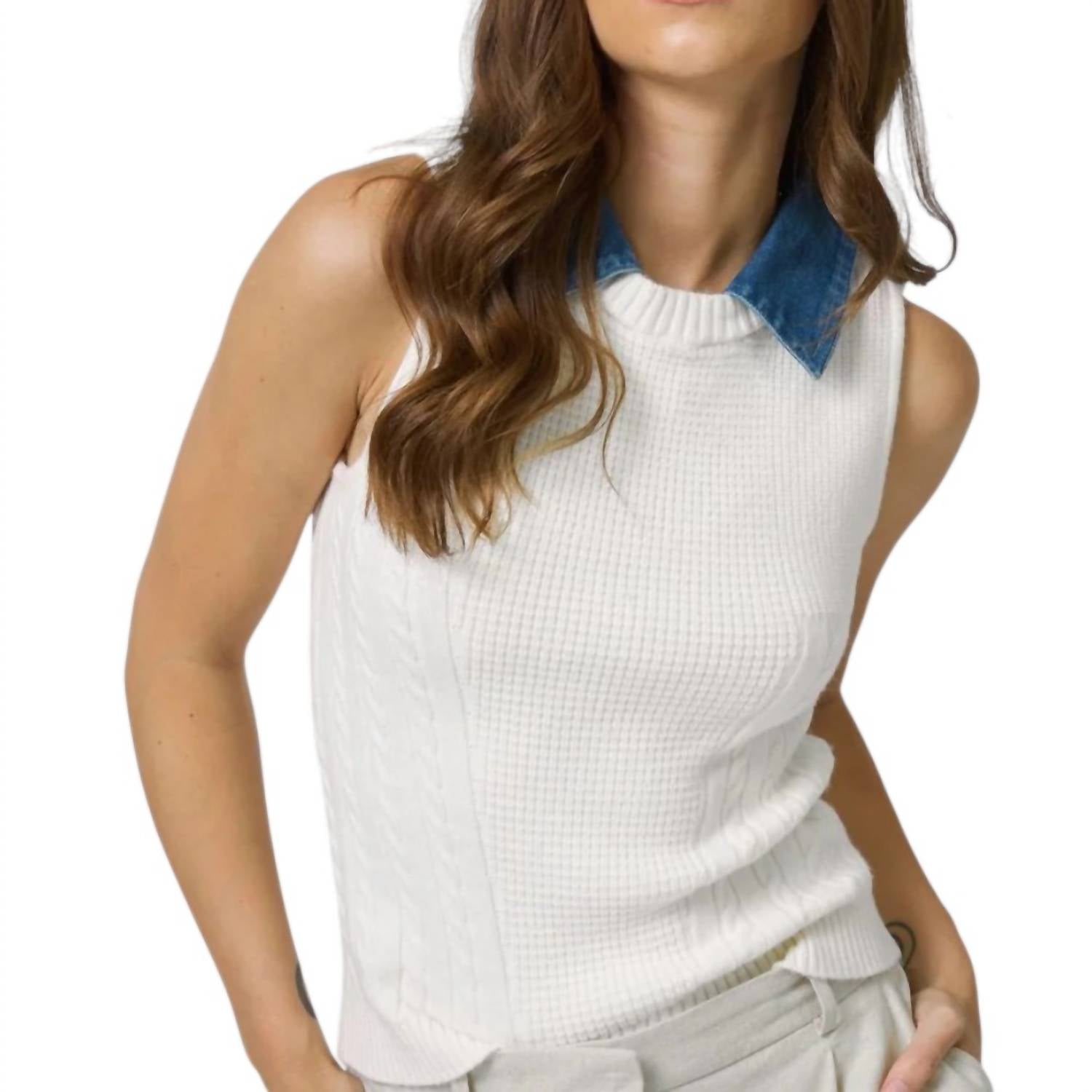 Central Park West - Serena Mixed Stitch Denim Collar Shell Tank