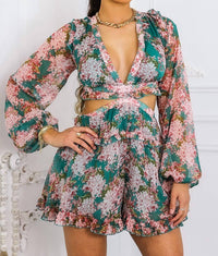 Surelymine - Boho Bloom Long Sleeve Cutout Ruffle Romper
