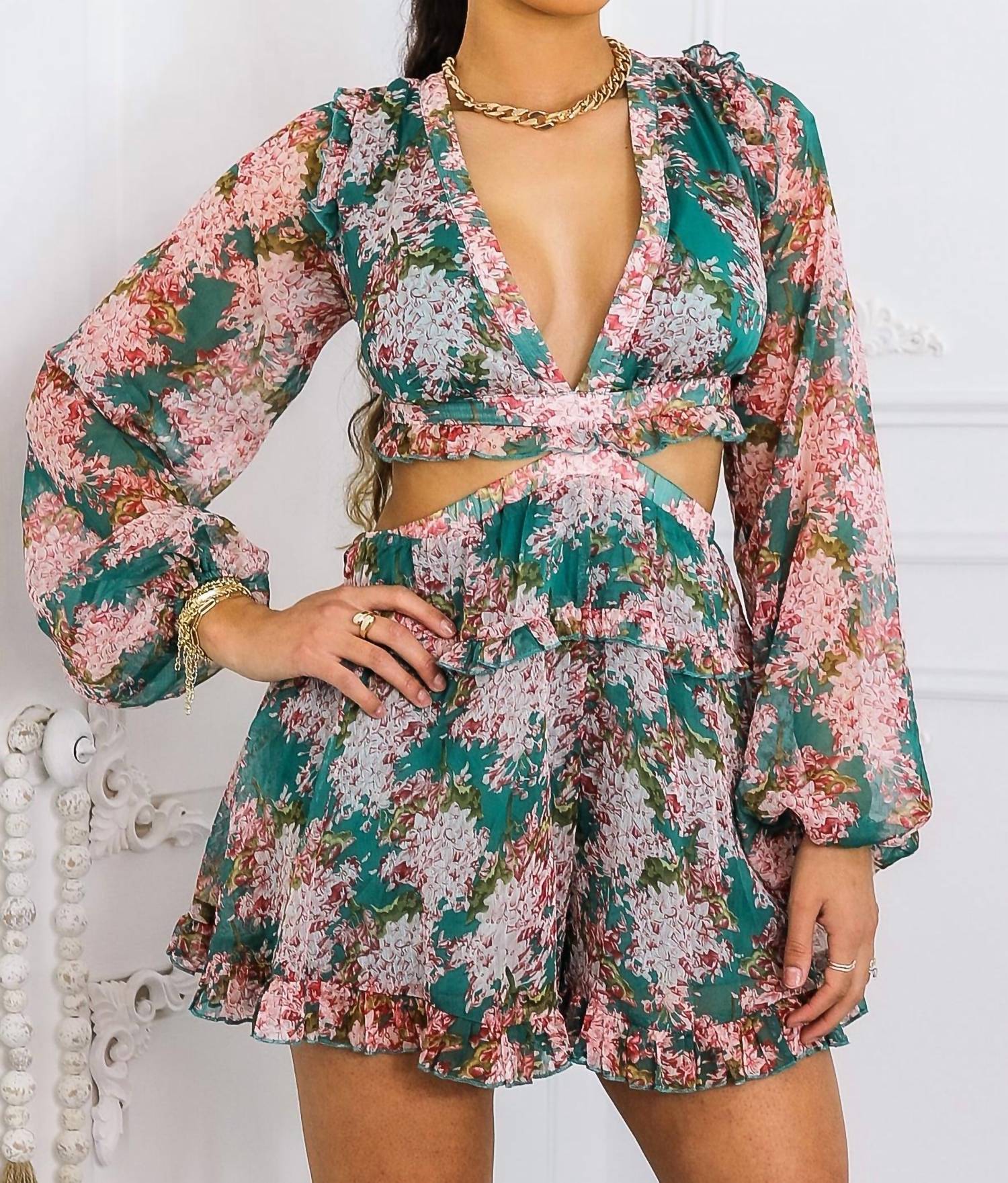 Surelymine - Boho Bloom Long Sleeve Cutout Ruffle Romper