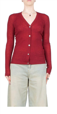 6397 Skinny Rib V Cardigan in wine - women's cardigan