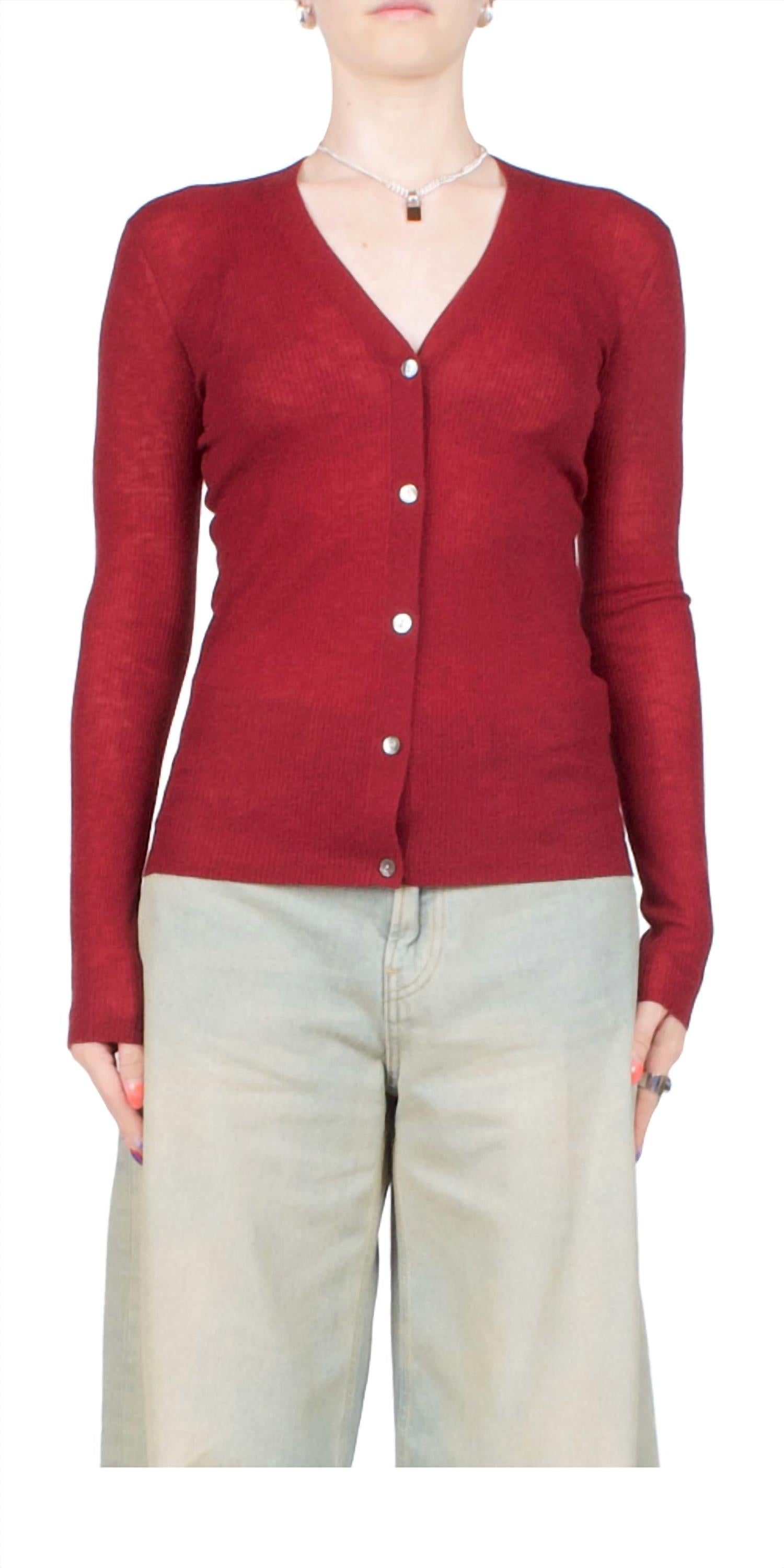 6397 Skinny Rib V Cardigan in wine - women's cardigan