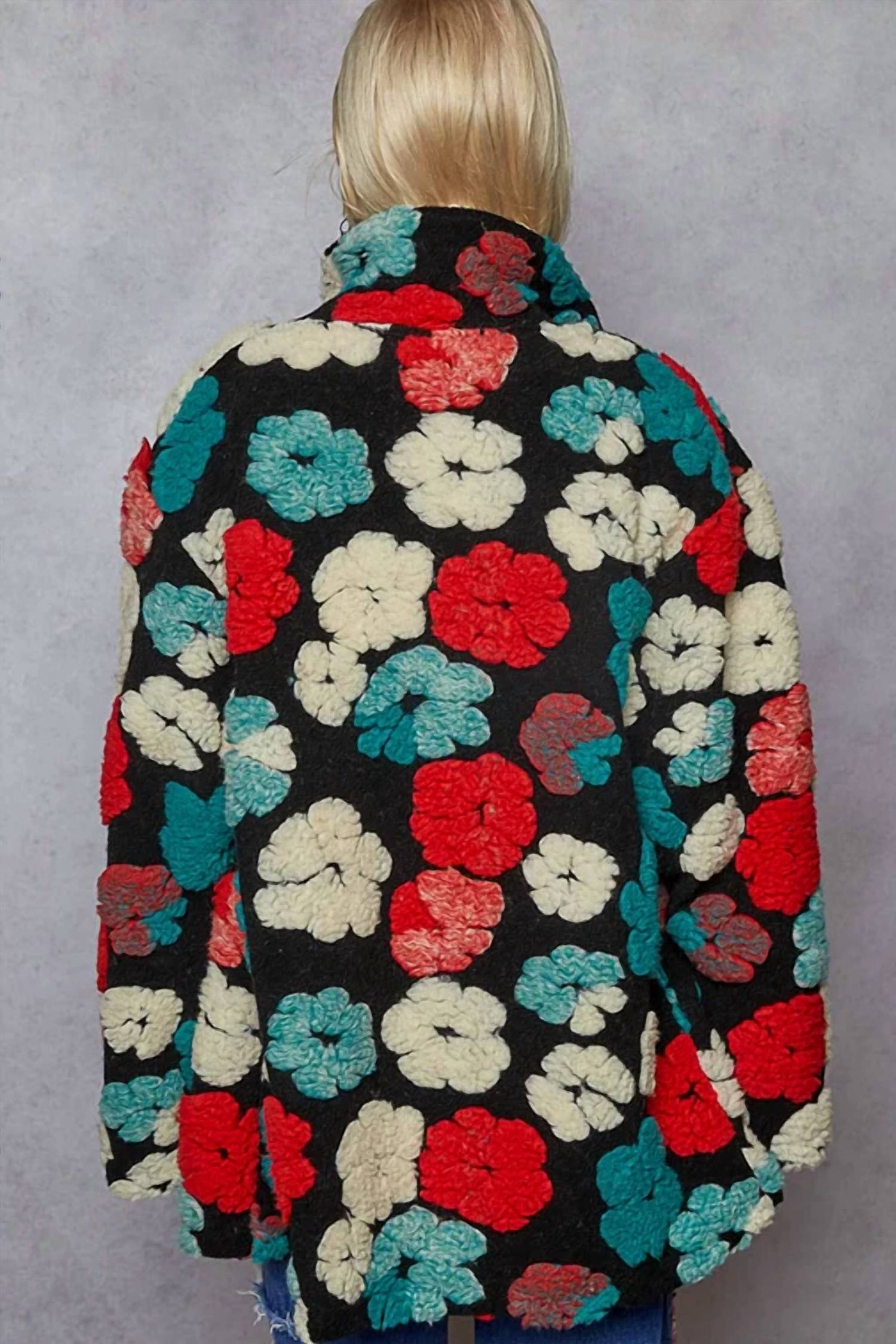 Pol - Long Sleeve Textured Sherpa Floral Coat Jacket