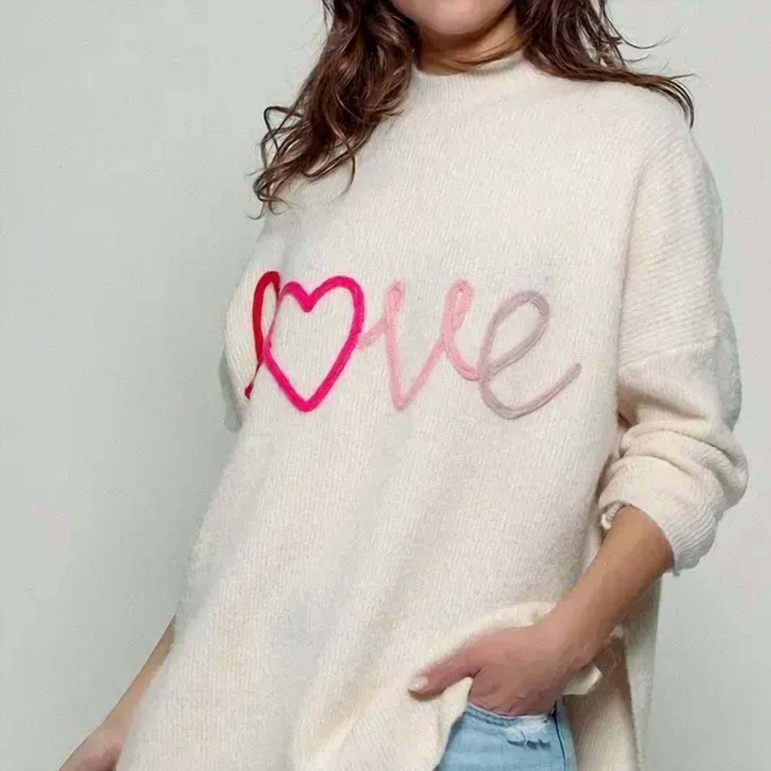Urban Daizy - Oversized Love Embroidery Rib Knit Sweater