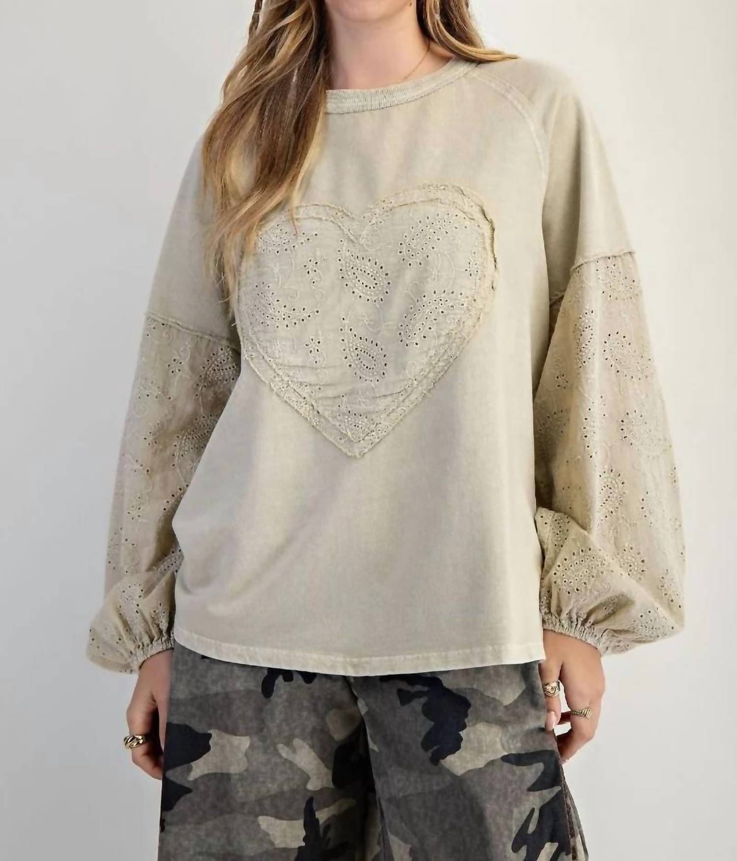 Easel - Eyelet Lace Heart Patched Top