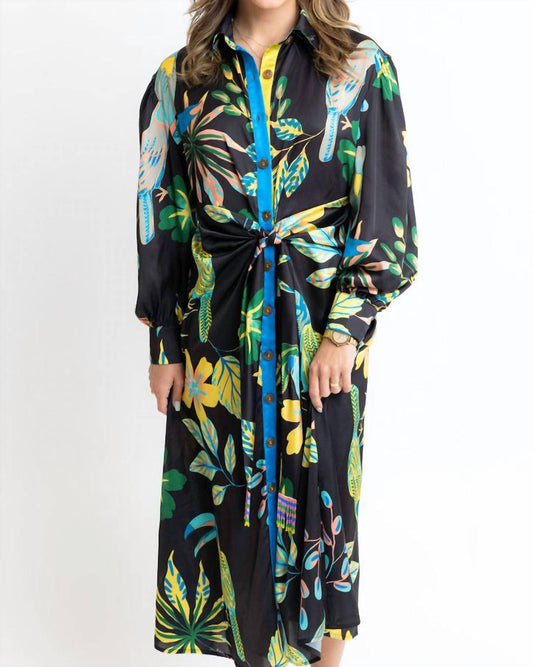 Karlie - Toucan Jungle Button Knot Tie Satin Dress