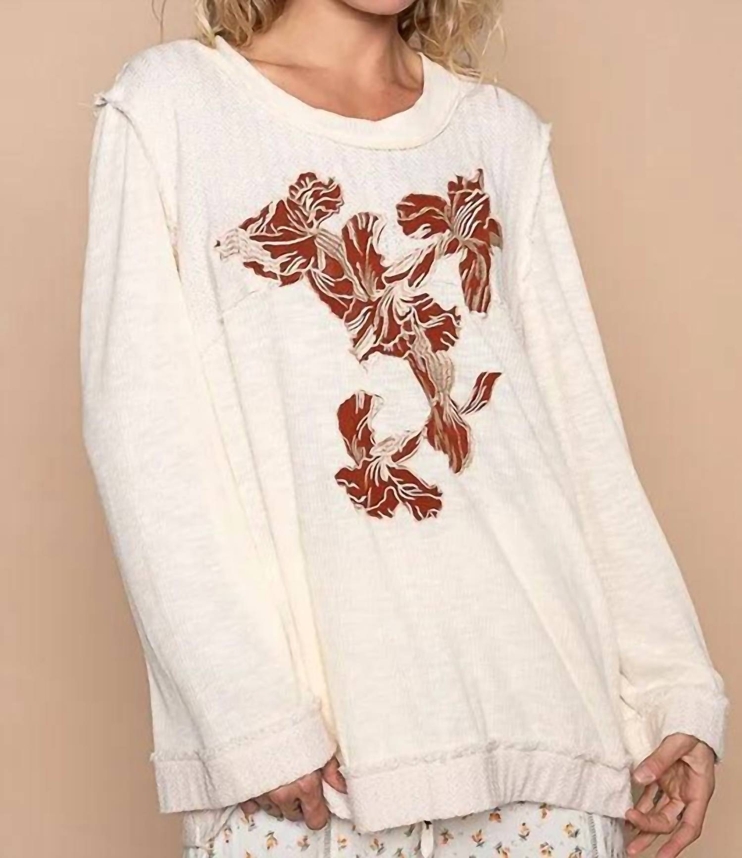 Pol - Embroidered Round Neck Long Sleeve Knit Top