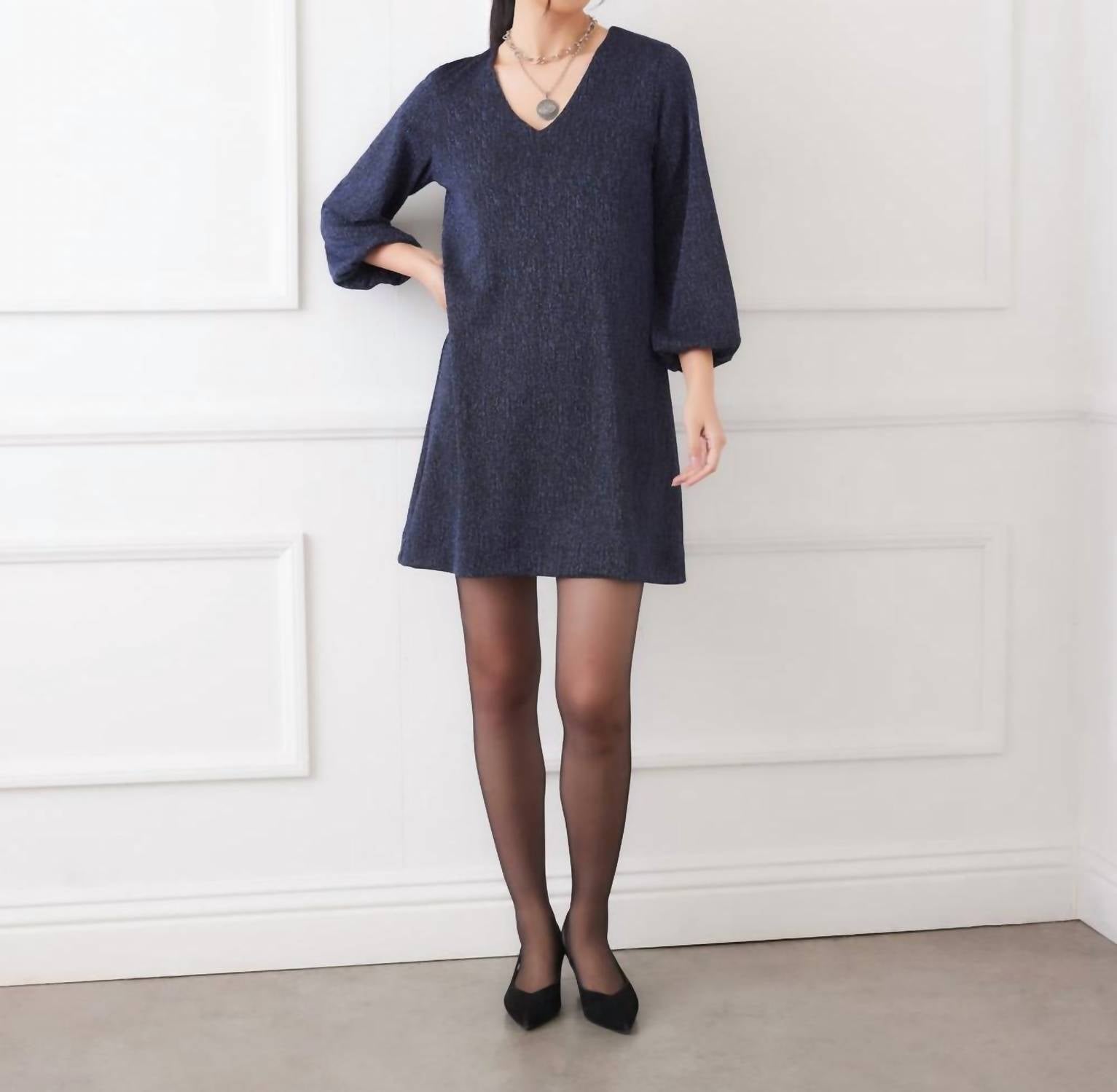 Karen Kane Blouson Sleeve Metallic Knit V-Neck Dress in navy - women's dress - view 4