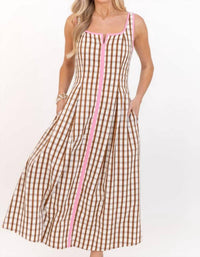 THML Thin Strap Gingham Dress in brown - women's dress