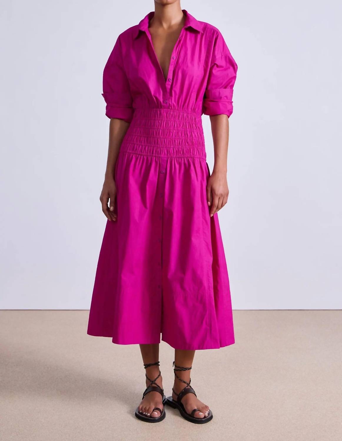 APIECE APART Sophia Smocked Shirt Midi Dress in fuchsia - women's dress