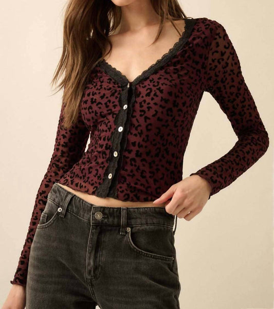 Promesa - Leopard Mesh Lace-Trim Button-Front Top