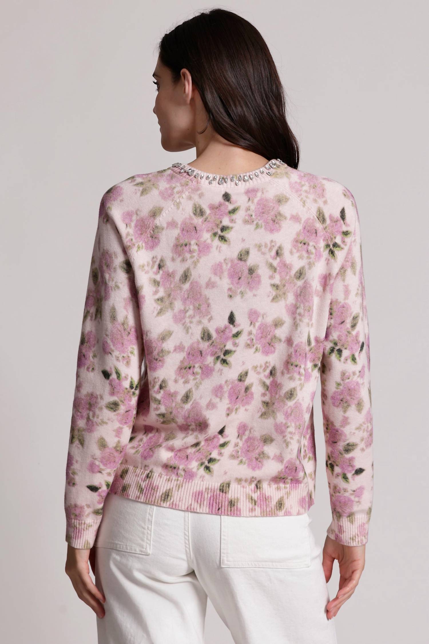 Minnie Rose - Cotton Cashmere Printed Crew With Jewels Sweater