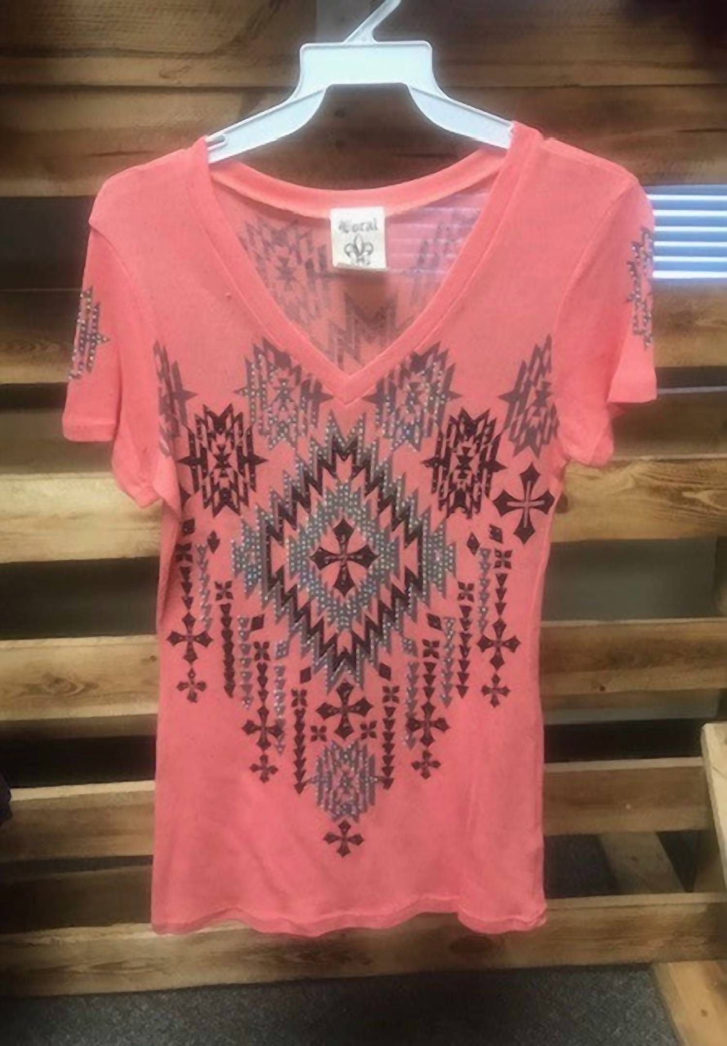 Vocal Apparel - Women's Short Sleeve Top With Aztec & Rhinestones