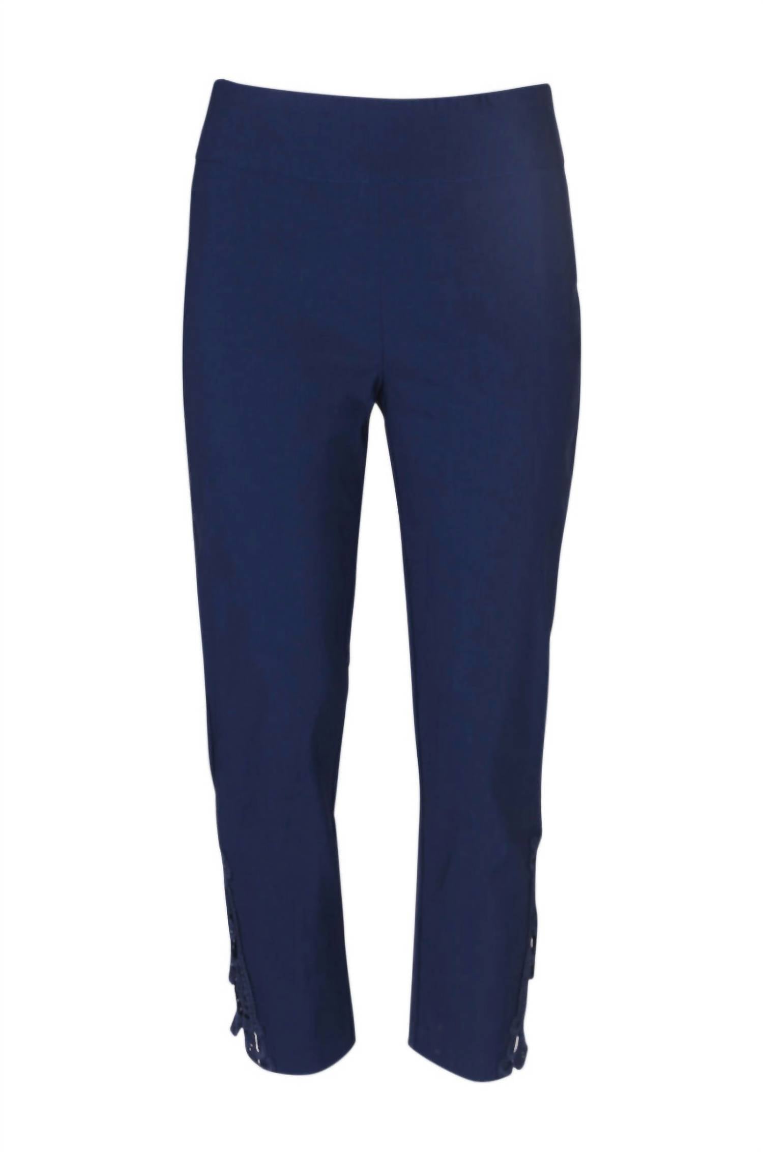 Carre Noir - Women's Mid Waist Embellished Cuff Solid Crepe Pant