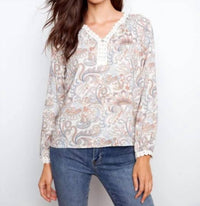 Charlie B - Printed Linen Blend Raglan Blouse with Crochet Trim