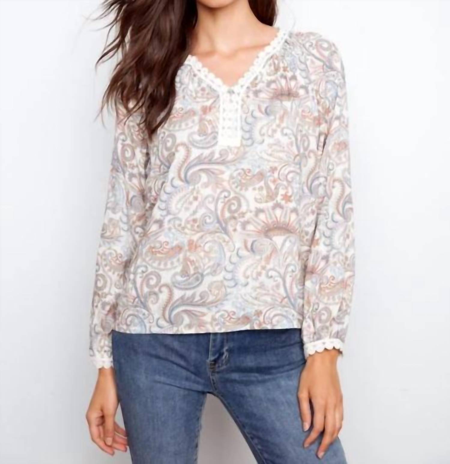 Charlie B - Printed Linen Blend Raglan Blouse with Crochet Trim